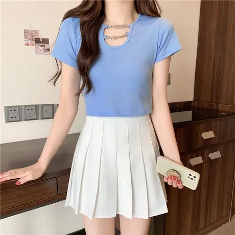 ins潮欧美复古辣妹百搭T恤女夏季设计感链条短款露脐黑色短袖上衣图片