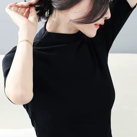 黑色小高领打底衫女2024新款螺纹中袖上衣内搭大码胖mm修身t恤夏商品大图