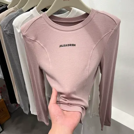 欧货简约小字母印花螺纹长袖T恤女2023春装新款垫肩打底小衫上衣商品大图