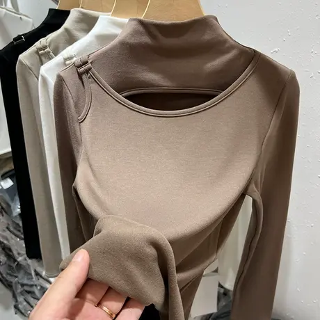 设计感镂空加薄绒半高领长袖T恤女2023秋冬新款内搭打底衫上衣潮图片