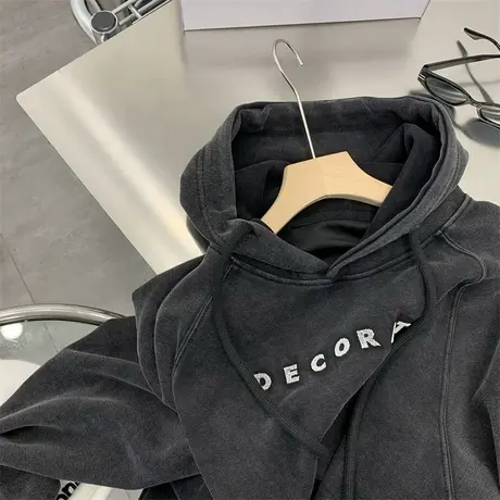 复古灰色连帽卫衣女秋季2023新款韩版宽松字母套头百搭上衣外套潮商品大图