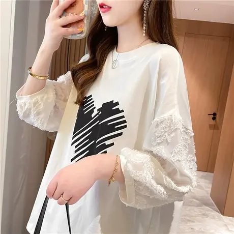 设计感小众短袖t恤女夏季韩版宽松ins中袖蕾丝拼接七分袖上衣服潮图片