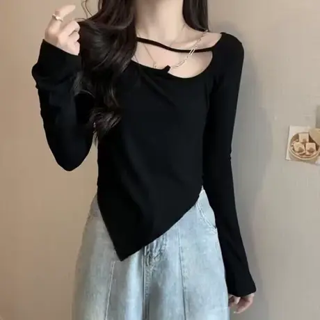 甜辣妹性感纯欲长袖T恤女秋季修身显瘦不规则下摆德绒磨毛上衣服商品大图