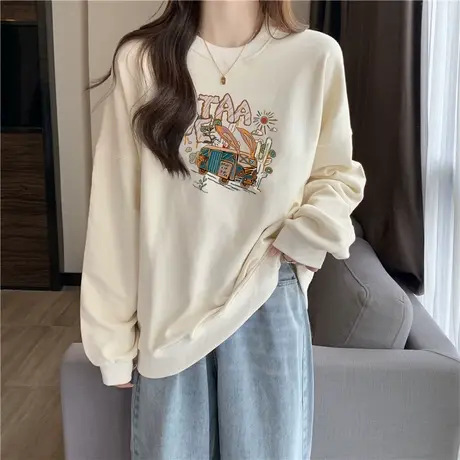 加绒加厚长袖t恤女卫衣秋冬韩版宽松大码韩系慵懒风无帽上衣外套商品大图