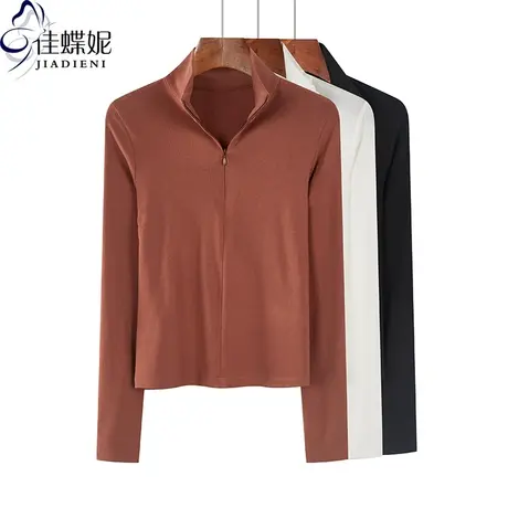 秋冬新款韩版半高领修身纯色纯棉短款长袖体恤上衣内搭女打底衫图片