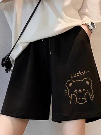 胖mm大码纯棉宽松五分短裤夏季学院运动风高腰阔腿裤ins显瘦中裤商品大图