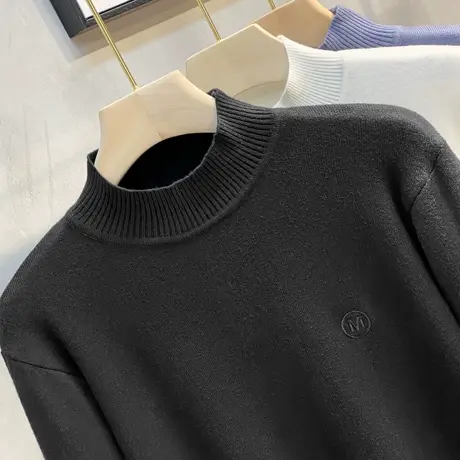 潮牌男士毛衣半高领秋冬季百搭修身刺绣针织打底衫潮流中领毛线衣商品大图