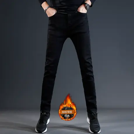 加绒加厚牛仔裤男冬季2023新款修身小脚黑色弹力百搭男士裤子秋冬商品大图