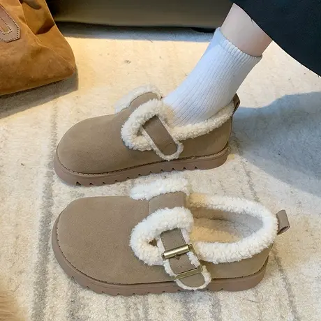 2023欧洲站羊毛毛鞋丑萌面包鞋复古勃肯鞋雪地棉皮带扣平底鞋女鞋商品大图