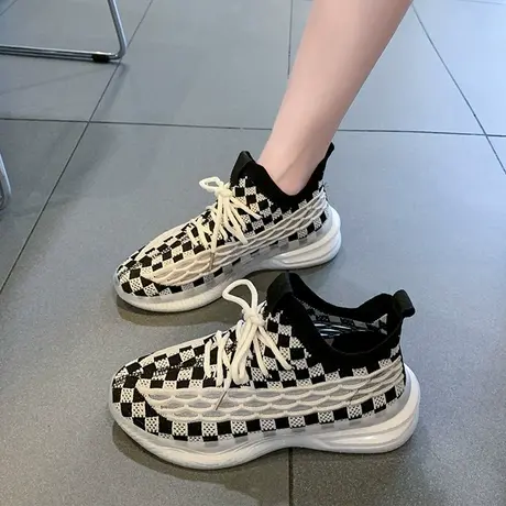 网面透气运动鞋女2024年春季新款飞织网鞋百搭棋盘格椰子鞋ins潮商品大图