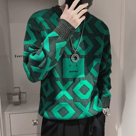 个性设计感印花字母毛衣男秋冬新款休闲加厚慵懒风套头打底针织衫商品大图