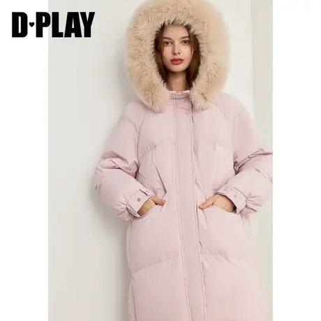 DPLAY 冬气质花浅粉狐狸毛领宽松中长款盘扣羽绒服保暖外套图片