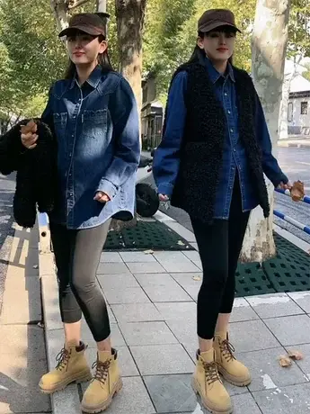 复古气质牛仔衬衫女加绒港风感秋冬2023年新款女长袖韩版衬衣外套商品大图