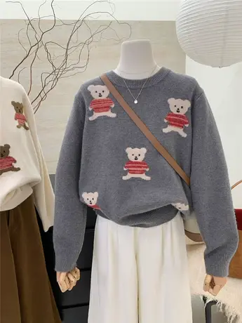 欧货高级感百搭小熊图案宽松圆领针织衫毛衣女加厚软糯百搭上衣服图片