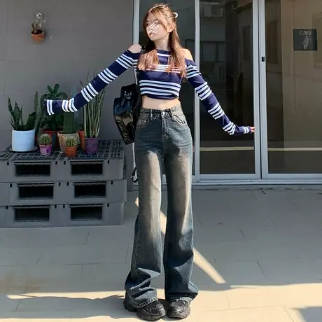 复古美式微喇牛仔裤女春秋2024年新款高腰显瘦宽松阔腿马蹄喇叭裤商品大图