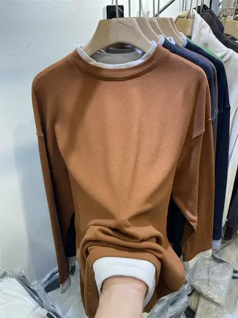 假两件撞色圆领长袖双面德绒T恤女2024秋冬新款宽松百搭软糯上衣图片