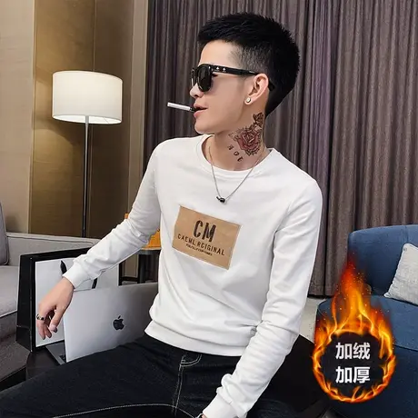 2022冬季时尚休闲韩版修身加绒加厚潮牌学生长袖T恤男士卫衣体恤商品大图