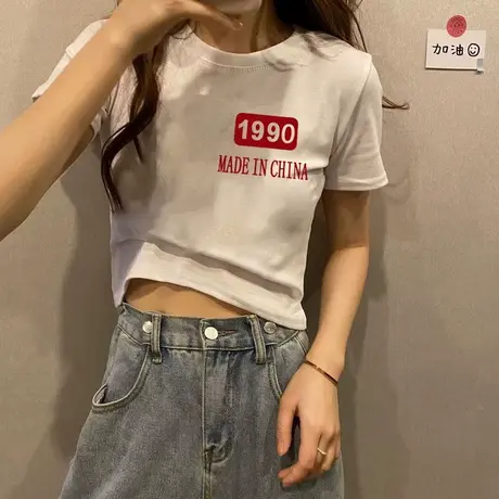 短款t恤女短袖2023夏季新款字母印花设计感小众百搭修身显瘦上衣商品大图