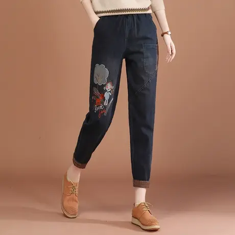 韩潮袭人松紧腰拼接刺绣牛仔裤女2024春季新款休闲百搭哈伦裤子图片
