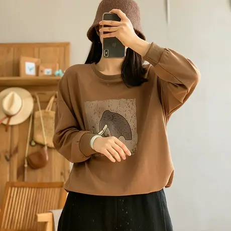 dza 复古宽松短款大象卫衣女早春新款休闲纯棉上衣百搭长袖外套女图片