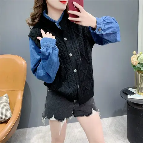 设计感牛仔拼接假两件毛衣开衫女春季2024年新款宽松显瘦针织外套图片