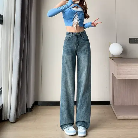 美式直筒牛仔裤女春秋款小个子高腰宽松蓝色窄版阔腿裤垂感拖地裤商品大图