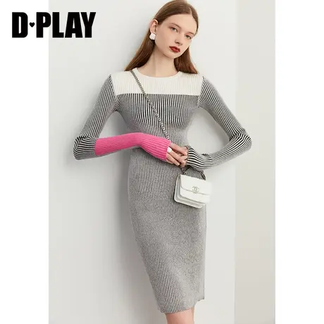 DPLAY2022冬新款简约花灰色修身包臀双色抽条袖口撞色针织连衣裙图片