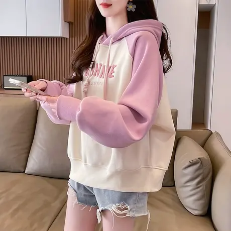 早秋连帽卫衣女春秋季韩版宽松大码薄款小个子撞色插肩袖上衣外套商品大图