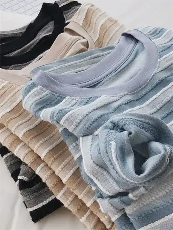 JU显瘦/温柔显白米色条纹卫衣女春季薄款宽松圆领学生纯棉长袖t恤图片