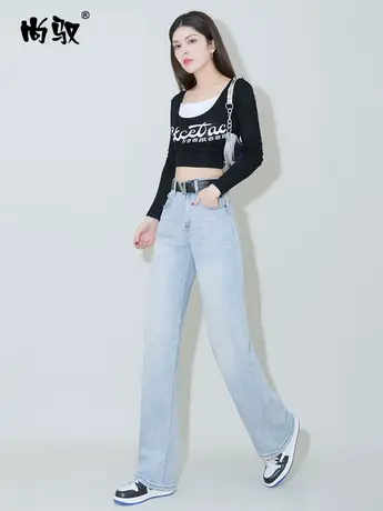 尚驭蓝色弹力高腰牛仔直筒裤2024年春季新款拖地裤磨白做旧阔腿裤图片