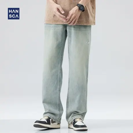 hansca牛仔裤男直筒宽松春季复古水洗美式潮牌大码休闲百搭长裤子图片