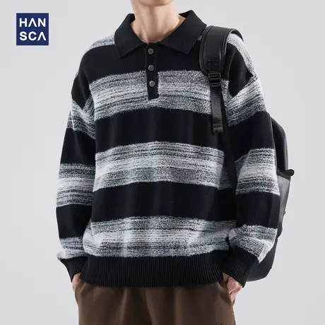hansca秋冬季条纹撞色polo领毛衣男日系慵懒风宽松休闲针织衫外套商品大图