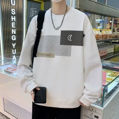 圆领长袖t恤男2024年春季新款港风卫衣男潮青少年黑色百搭打底衫T商品大图