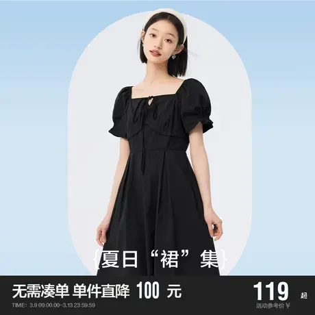 森马连衣裙女纯色质感百搭2023夏季新款时尚方领短裙女士优雅气质图片