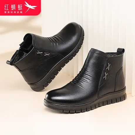 红蜻蜓短靴女冬季防滑软底女士休闲短筒靴加绒保暖中老年妈妈棉鞋商品大图