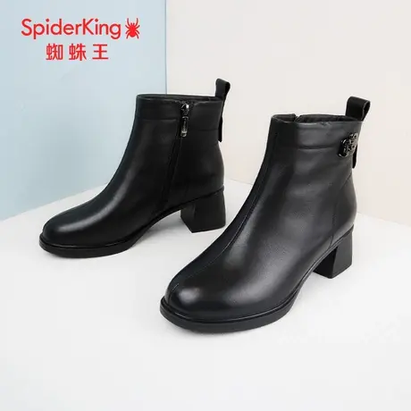 SPIDER KING/蜘蛛王时装靴2023冬商场新款真皮女短筒薄绒粗跟软底商品大图