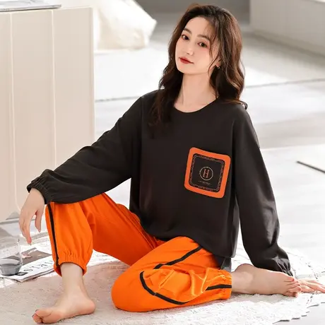 婷美纯棉睡衣女秋冬款套头圆领长袖简约时尚外出春秋季家居服套装商品大图