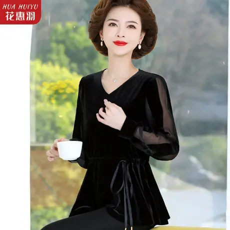 春装时尚洋气上衣中年女士衬衫春秋40岁女人穿搭妈妈气质丝绒t恤图片