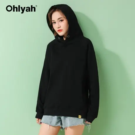 Ohlyah品牌黑色卫衣女秋冬宽松连帽套头百搭大码外套上衣休闲运动图片