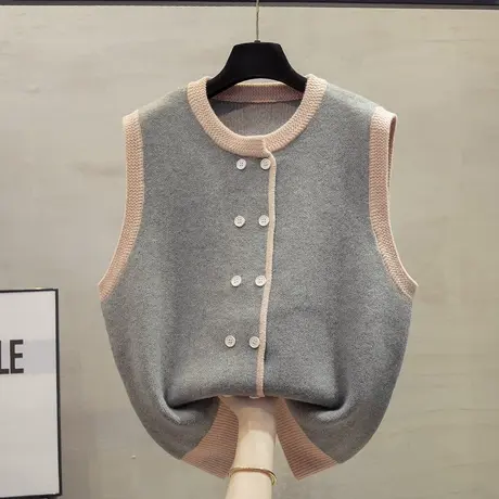 圆领针织开衫马甲背心女2023秋装新款宽松外穿马夹拼色毛衣坎肩潮商品大图