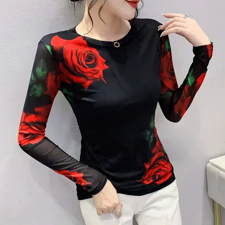 年轻妈妈秋装漂亮网纱打底衫女长袖别致印花上衣圆领修身显瘦T恤图片