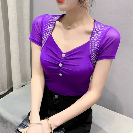 欧货时尚网纱T恤女短袖2023夏季新款性感V领上衣重工烫钻小衫半袖商品大图