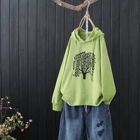 复古刺绣连帽系带纯棉套头衫女文艺宽松长袖卫衣休闲上衣春秋新款图片