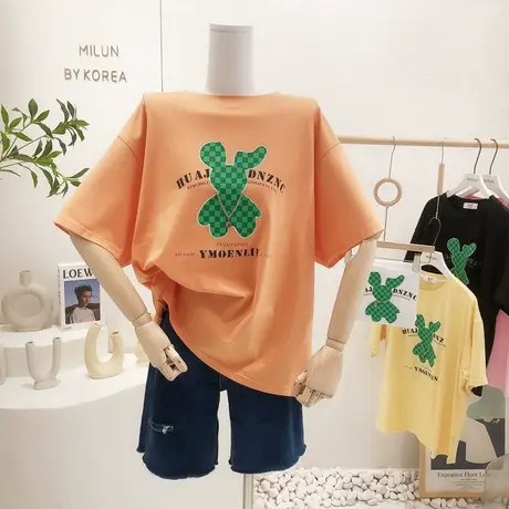 2022夏季新款韩国东大门棋盘格兔子印花圆领宽松短袖T恤欧货大码商品大图