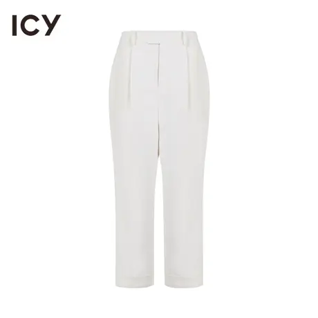 icy2023春季新款通勤百搭白色斜纹压褶卷边休闲萝卜长裤图片