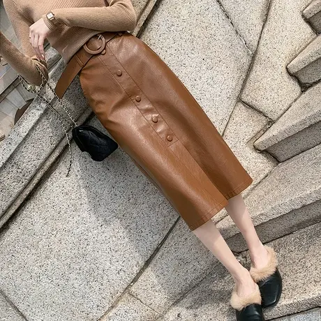 卡其色开叉皮裙包臀裙半身裙女春秋2022年新款高腰中长款一步包裙图片