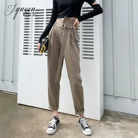 高腰工装裤女垂感秋季复古时髦显瘦哈伦系带休闲九分小脚萝卜裤子图片