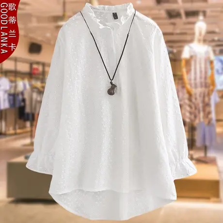 中年妈妈春装新款燕尾宽松上衣洋气时尚加肥加大码提花白色衬衫女商品大图