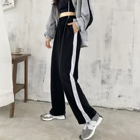 运动束脚裤子女2020宽松高腰垂感直筒显瘦百搭休闲阔腿长裤潮ins图片