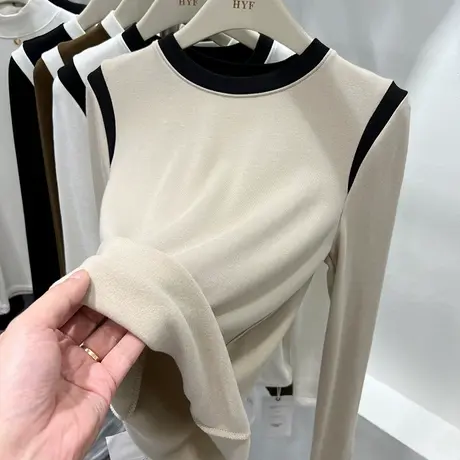 设计感拼色软糯加磨毛薄绒圆领T恤女2022秋冬新款内搭打底衫上衣图片